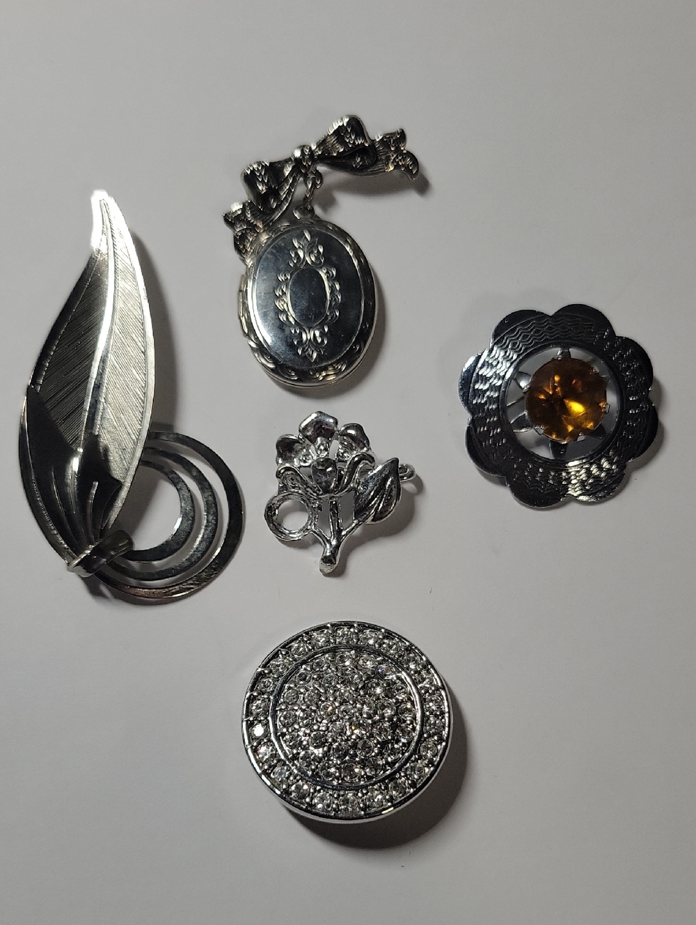 Silver Tone Vintage Button and Brooch Lot with Amber Accent